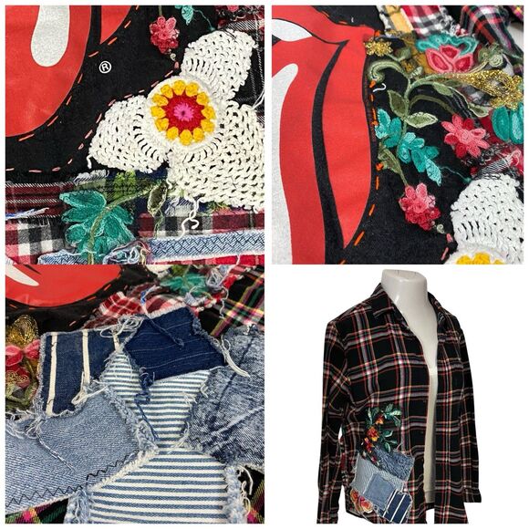 Upcycled Flannel Shirt Womens Large Lips Shacket Grunge Rock Concert Art - Picture 8 of 16